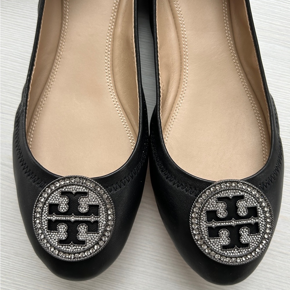 NIB Tory Burch "Liana" Genuine Leather Ballet Flat Black, Crystal T Logo Sz 7.5M